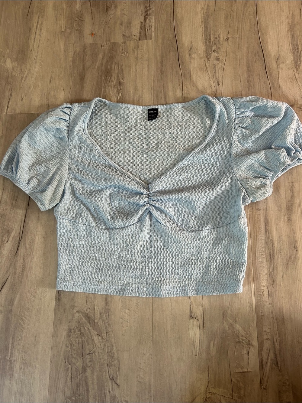 SHEIN Light Blue Ruched Puff Sleeve Crop Top